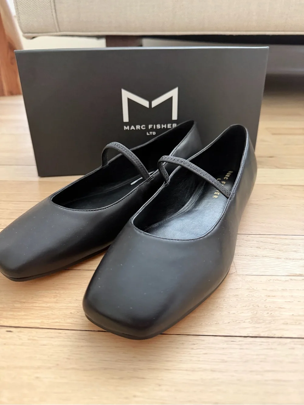 Marc Fisher Black Leather Square-Toe Mary Jane Flats with Elastic Strap